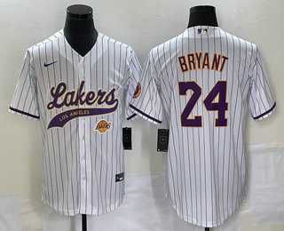 Mens Los Angeles Lakers #24 Kobe Bryant White Pinstripe With Patch Cool Base Stitched Baseball Jersey->los angeles lakers->NBA Jersey